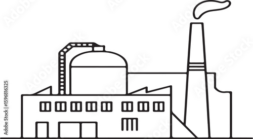 Industrial factory building with smoke plume chimney