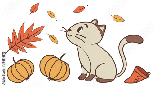 Cute Bashful Cat in a Autumn world – Autumn Leaves palette vector