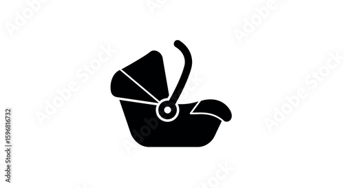 Minimalist baby stroller icon in black silhouette style on white background