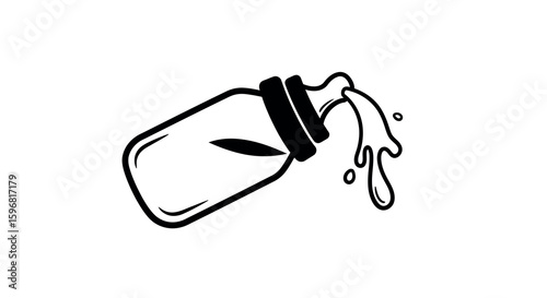 Monochrome baby bottle with pouring milk: minimal fluid design