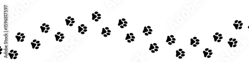 Paw vector foot trail print featuring cat, dog, and puppy silhouettes in diagonal tracks, ideal for t-shirts, backgrounds, patterns, websites, showcases, greeting cards, children's prints, and more.