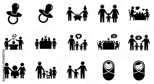 Silhouette icons depicting family and parenthood scenes in various activities