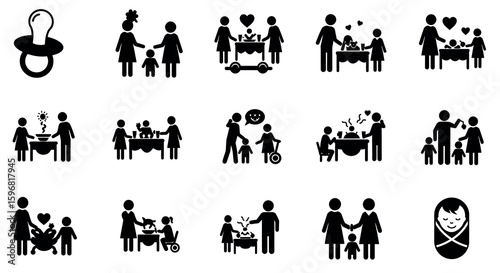 Family and parenting icons: caring, cooking, and playtime activities
