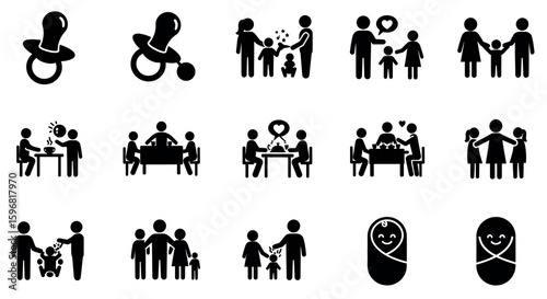 Family and parenthood icons: silhouettes of parenting, dining, and bonding activities