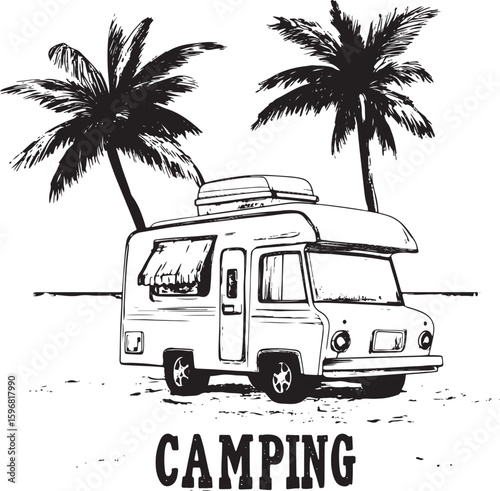 Vintage ink art vector design of camper on beach
