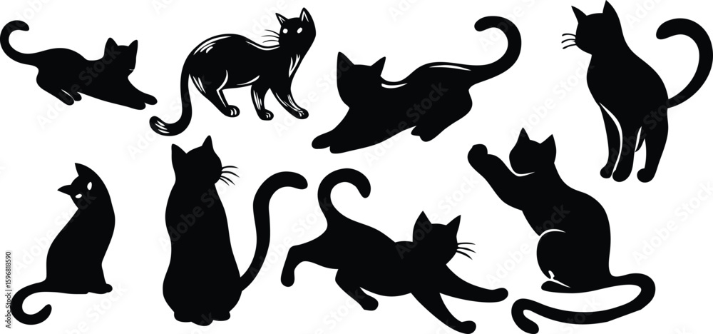 Obraz premium Collection of black cat silhouettes in various poses, vector illustration of playful and sitting cats on white background. 