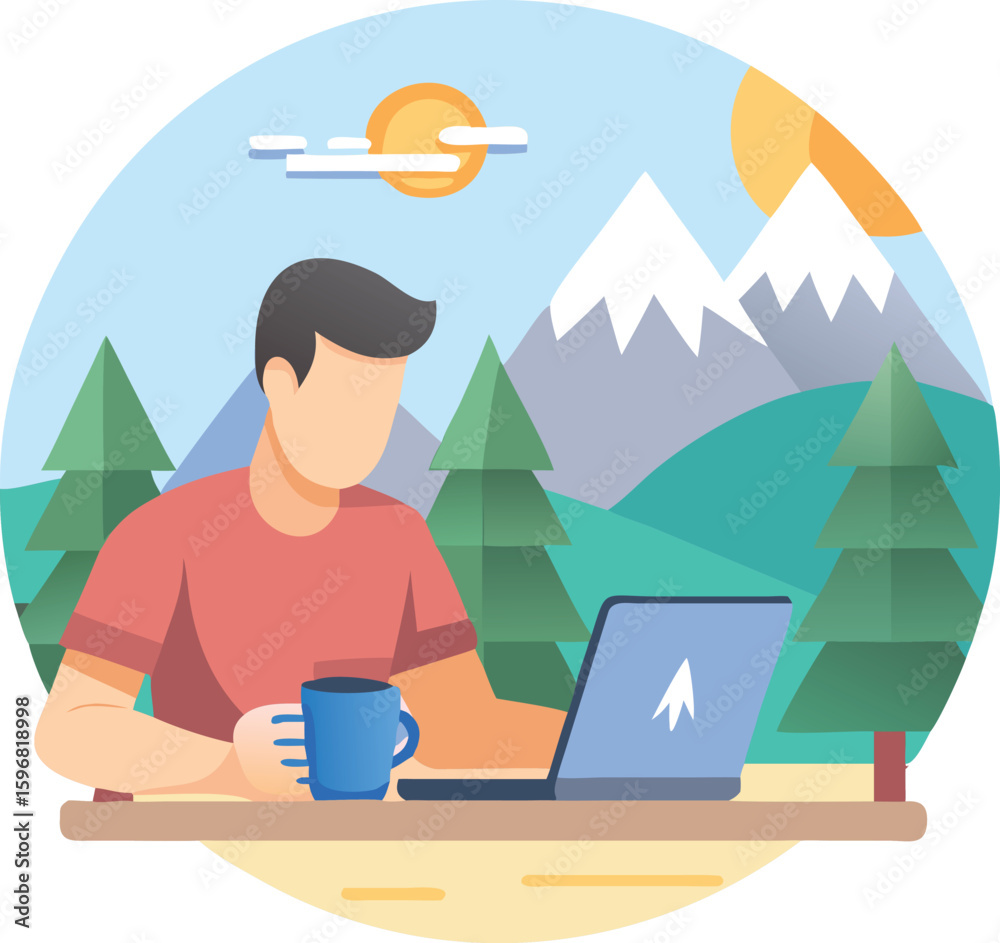 Fototapeta premium Man Working on Laptop in Scenic Mountain Landscape