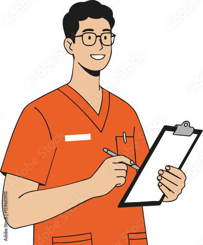 Male nurse in orange scrubs holding clipboard and writing medical notes vector illustration 