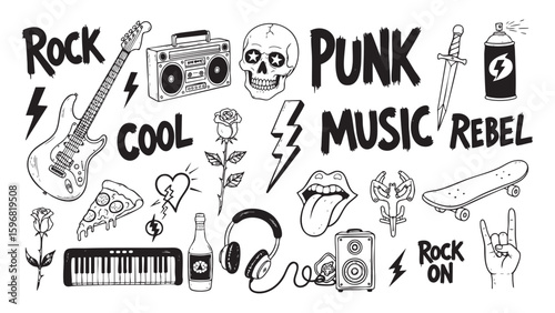 Doodle Art with Rock Punk Music Vibes Vector Illustration for Cool Design Projects and rebel youth culture