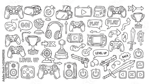 Sketch Gaming Elements A Doodled Collection of Virtual Reality and Console Gaming Gear