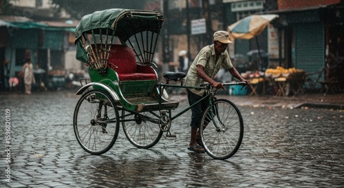Rainy rickshaw ride in a bustling city street