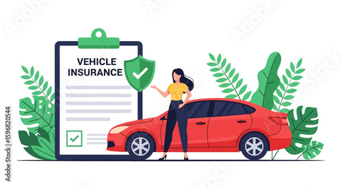 Adobe illustrator vector flat style illustration of vehicle insurance with a woman, policy document, car, and protective shield, ideal for automotive coverage concepts