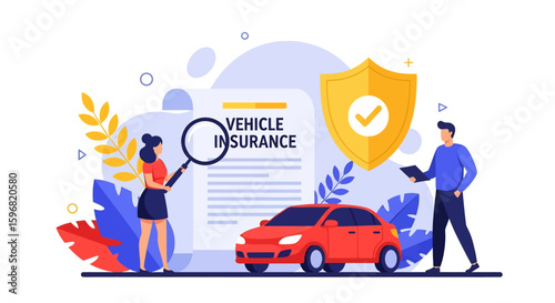 Adobe illustrator vector flat style illustration of vehicle insurance policy examination with a woman, car, magnifying glass, and shield, ideal for secure automotive concepts