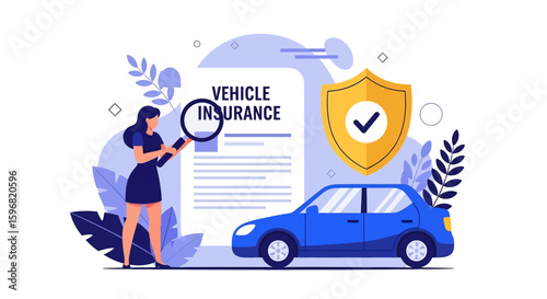 Adobe illustrator vector flat style illustration of vehicle insurance policy examination with a woman, car, magnifying glass, and shield, ideal for secure automotive concepts