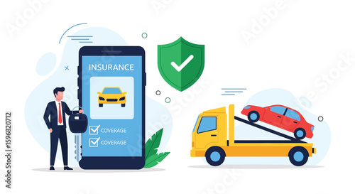 Adobe illustrator vector flat style illustration of car insurance with smartphone app, towing service, and protective shield, ideal for automotive safety concepts