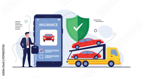 Adobe illustrator vector flat style illustration of car insurance with smartphone app, towing service, and protective shield, ideal for automotive safety concepts