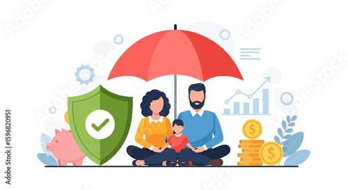 Adobe illustrator vector flat style illustration of a family under an umbrella with a piggy bank, representing financial security, savings, and insurance