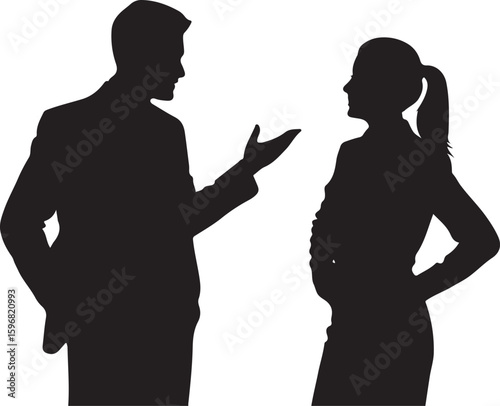 Business man and woman talking silhouette vector art illustration on white background
