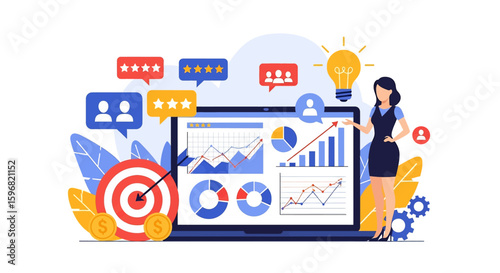Adobe illustrator vector flat style illustration of a woman analyzing marketing goals and targets on a laptop, ideal for business strategy and data analytics concepts