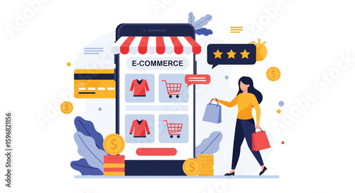 Adobe illustrator vector flat style illustration of a happy woman enjoying online shopping with bags, showcasing a mobile e-commerce store with ratings and payment options