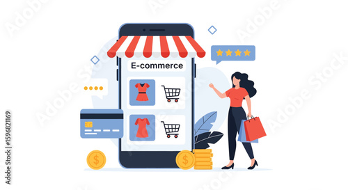 Adobe illustrator vector flat style illustration of a happy woman enjoying online shopping with bags, showcasing a mobile e-commerce store with ratings and payment options