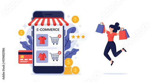 Adobe illustrator vector flat style illustration of a happy woman enjoying online shopping with bags, showcasing a mobile e-commerce store with ratings and payment options