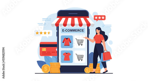 Adobe illustrator vector flat style illustration of a happy woman enjoying online shopping with bags, showcasing a mobile e-commerce store with ratings and payment options