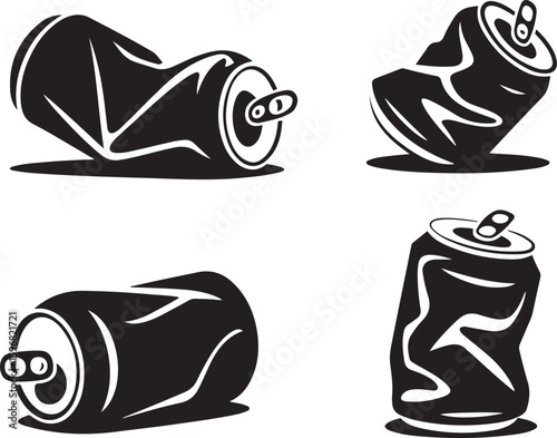 Set of crushed aluminum cans silhouette vector art on white background
