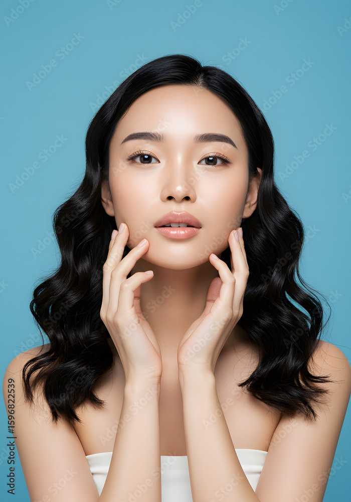 A captivating portrait of a woman with radiant skin and a gentle touch. Her long, wavy hair frames her face elegantly A captivating portrait of a woman with radiant skin and a gentle touch. Her long, wavy hair frames her face elegantly