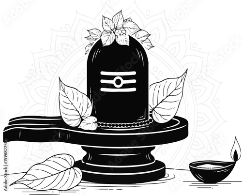 Shiva Lingam Black and White Illustration | Hindu Deity Symbol for Religious Festivals and Cultural Events
