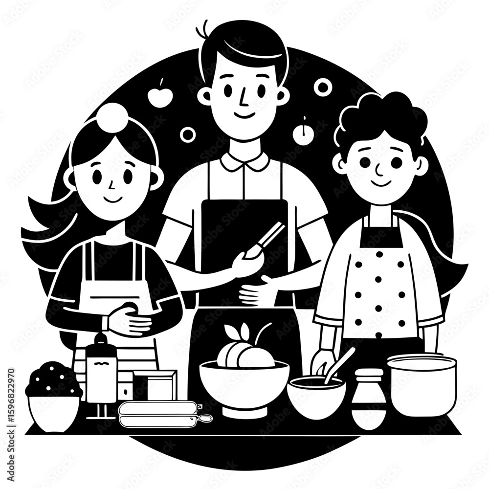 Happy family cooking together in the kitchen with ingredients and baking supplies Happy family cooking together in the kitchen with ingredients and baking supplies