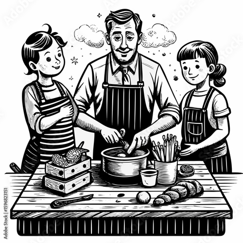 Father and two children happily cooking together in the kitchen learning new recipes