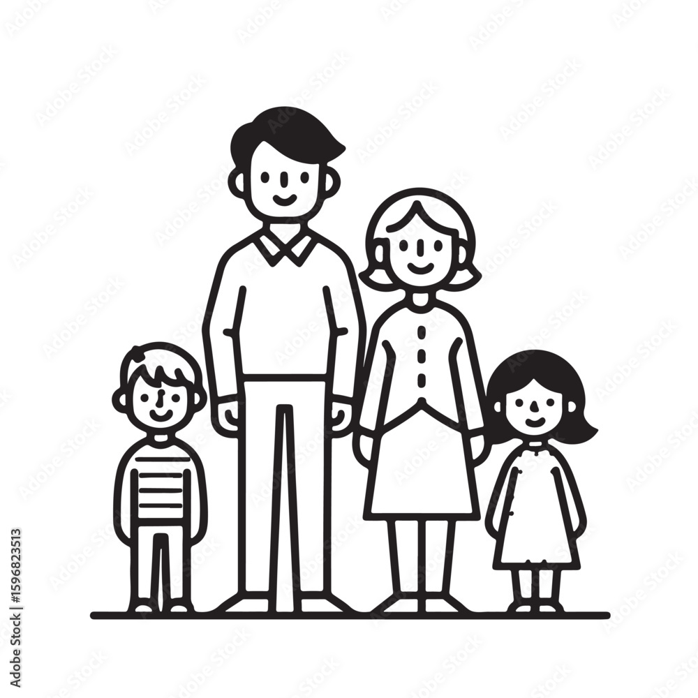 This graphic depicts a family of four—father, mother, and two children—in a simple, stylized icon format. This graphic depicts a family of four—father, mother, and two children—in a simple, stylized icon format.