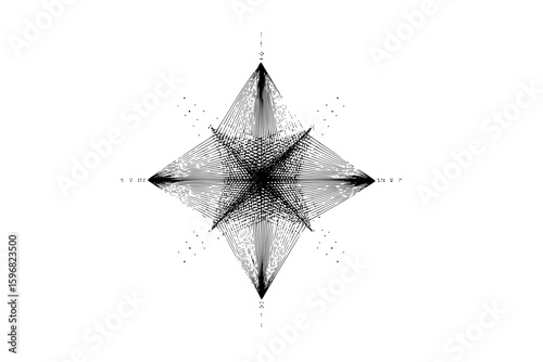 Abstract drawing of a swirling vortex with a central black dot and radiating lines in black and white