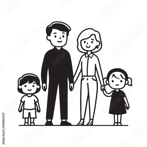 This graphic depicts a family of four—father, mother, and two children—in a simple, stylized icon format.