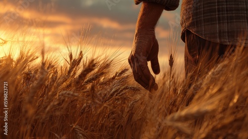 Farmer walking down the barley field in sunset touching barley ears with hands