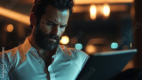 Focused Adult Man Reading Tablet in Dimly Lit Room Creating Intimate and Reflective Atmosphere with Soft Lighting