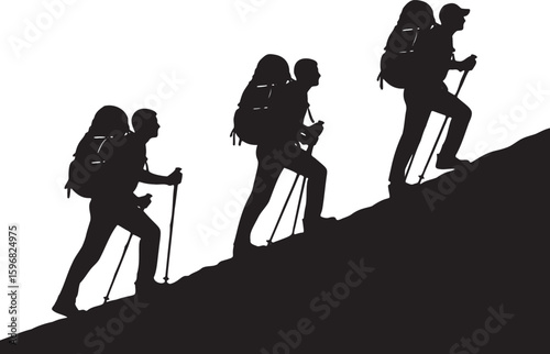  Silhouettes of three hikers climbing uphill on a steep slope