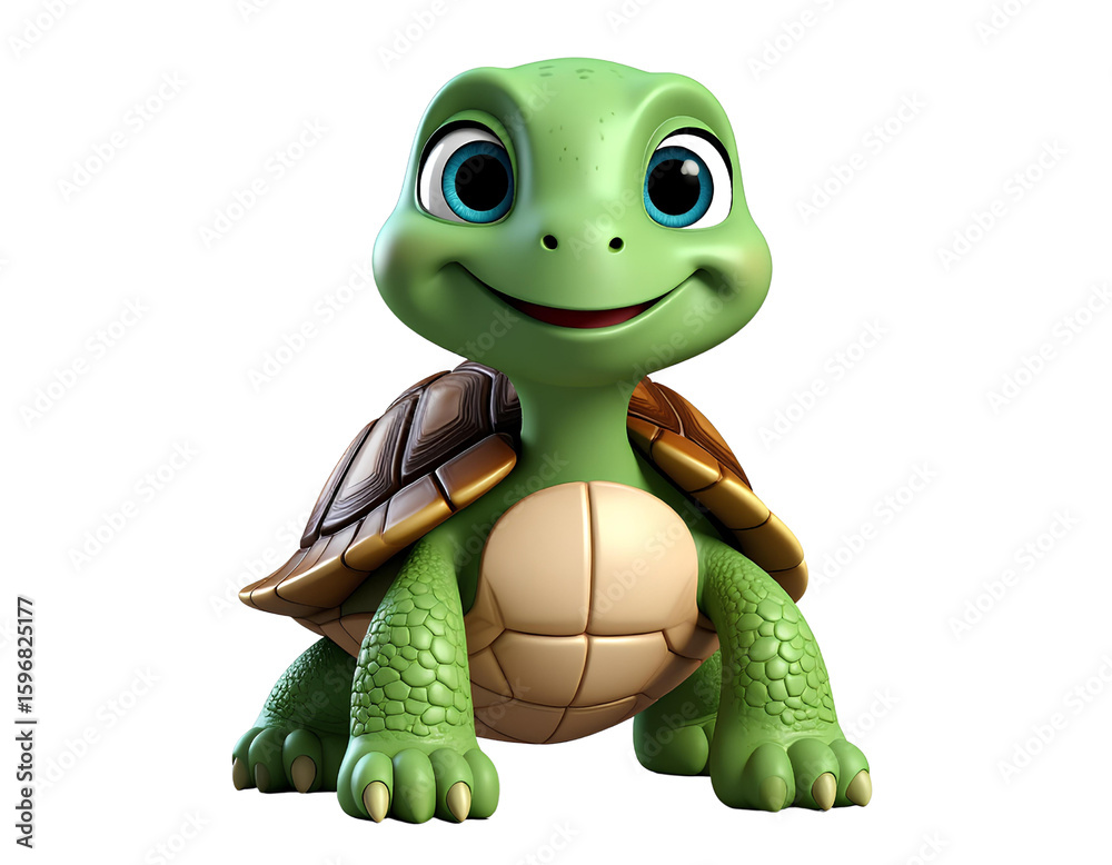 Fototapeta premium Cute Cartoon Turtle Sitting with Big Eyes and Blush on Cheeks, Transparent PNG.