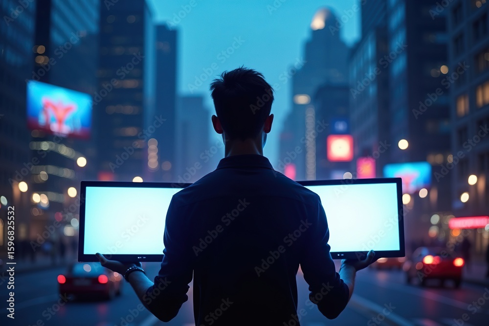 Fototapeta premium City screens: Man carrying displays in urban environment.