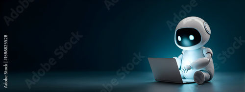 Cute AI robot working on a laptop glowing with white light, banner format   -