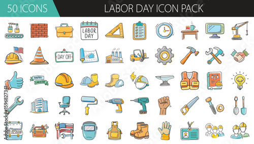 Labor Day themed icons for work and industry - Colorful Labor Day icon pack featuring tools, gear, construction elements, safety gear, and worker-related symbols for design use.