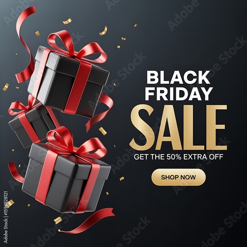 Elegant Black Friday Sale Promotion with Gifts and Golden Confetti