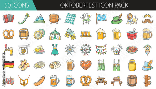 Colorful Oktoberfest Icon Set with Beer and Traditions - Festive icon pack featuring traditional Oktoberfest elements like beer, pretzels, lederhosen, flags, and Bavarian cultural symbols.
 