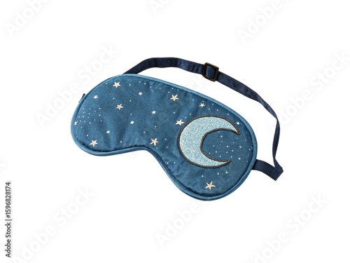 Blue sleep mask with moon and stars embroidery isolated on white background.