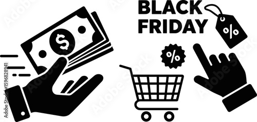 Hands exchanging cash and shopping cart with Black Friday promotion  