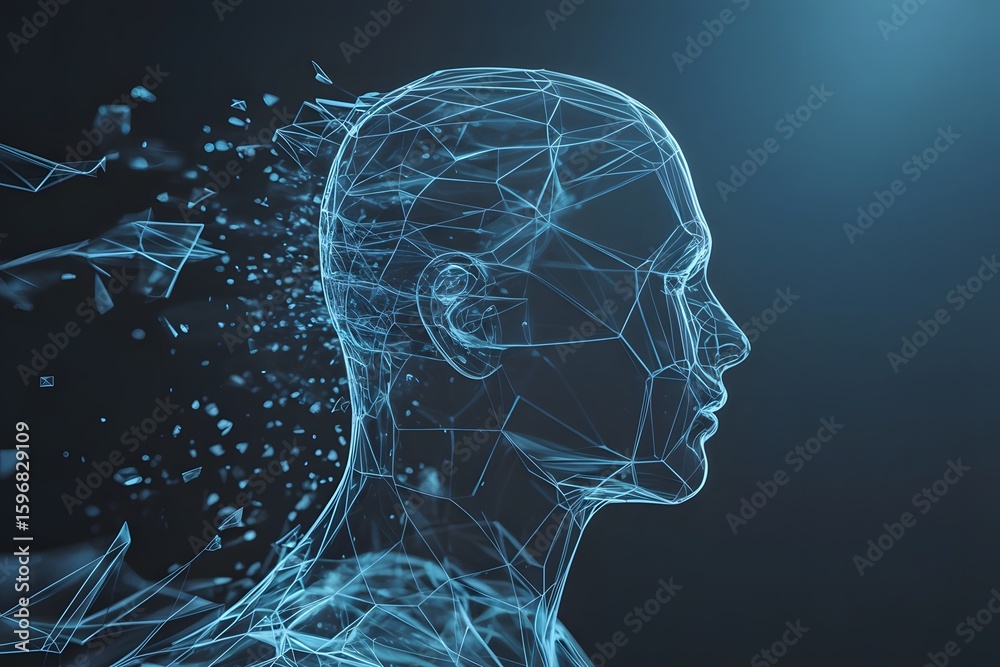 Obraz premium Blue wireframe human head dissolving digital technology