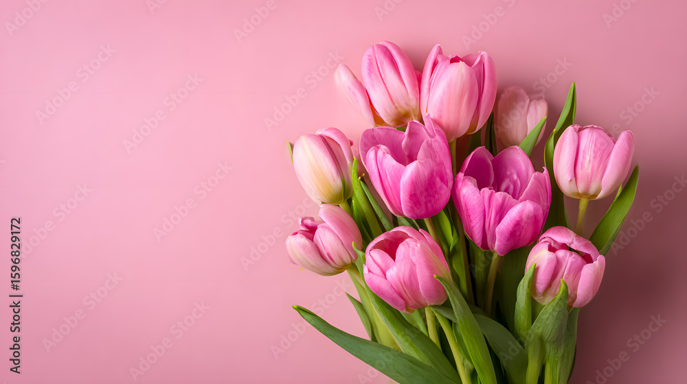 Fototapeta premium Bouquet of Fresh Pink Tulips Against Soft Pink Background in Minimal Floral Composition