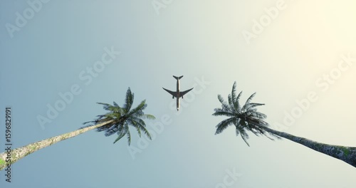 Looking up at two tall coconut palms under a clear blue tropical sky. The scene radiates serenity, warmth, and vacation vibes, evoking a perfect sunny escape surrounded by nature