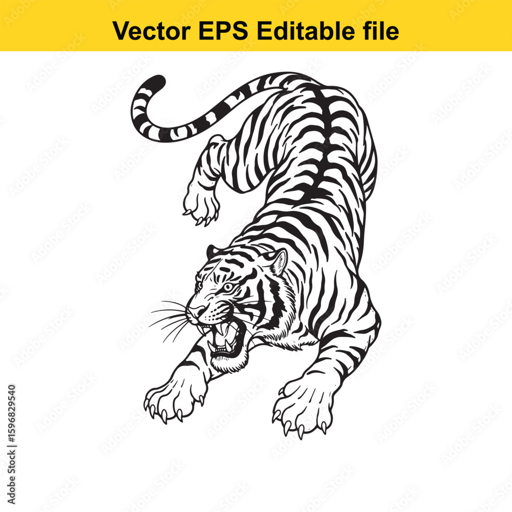 A fierce tiger illustration in a dynamic pose A fierce tiger illustration in a dynamic pose